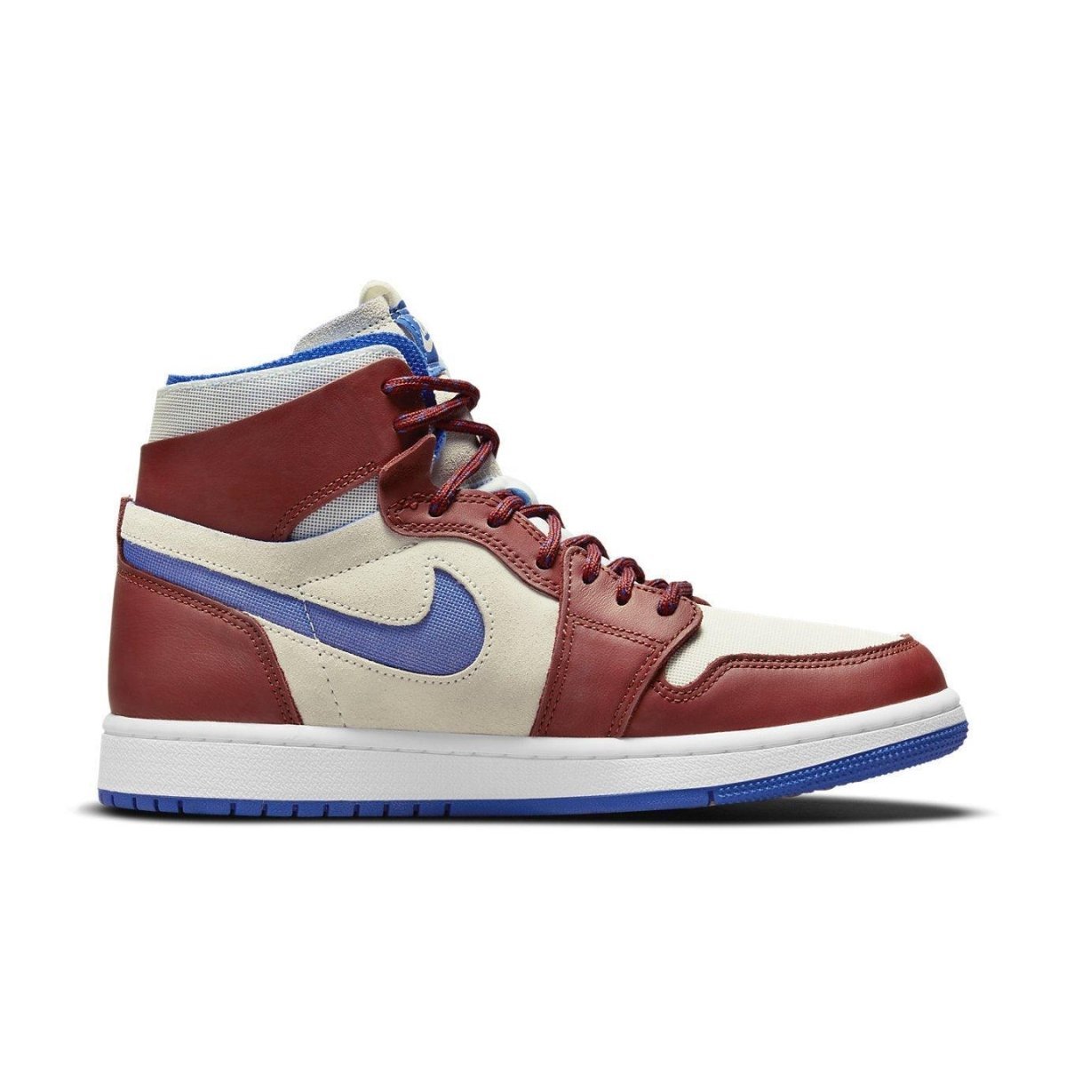 Air Jordan 1 High Zoom Air CMFT Team Red sneaker with vibrant red, cream, and blue colorway and Nike Swoosh.