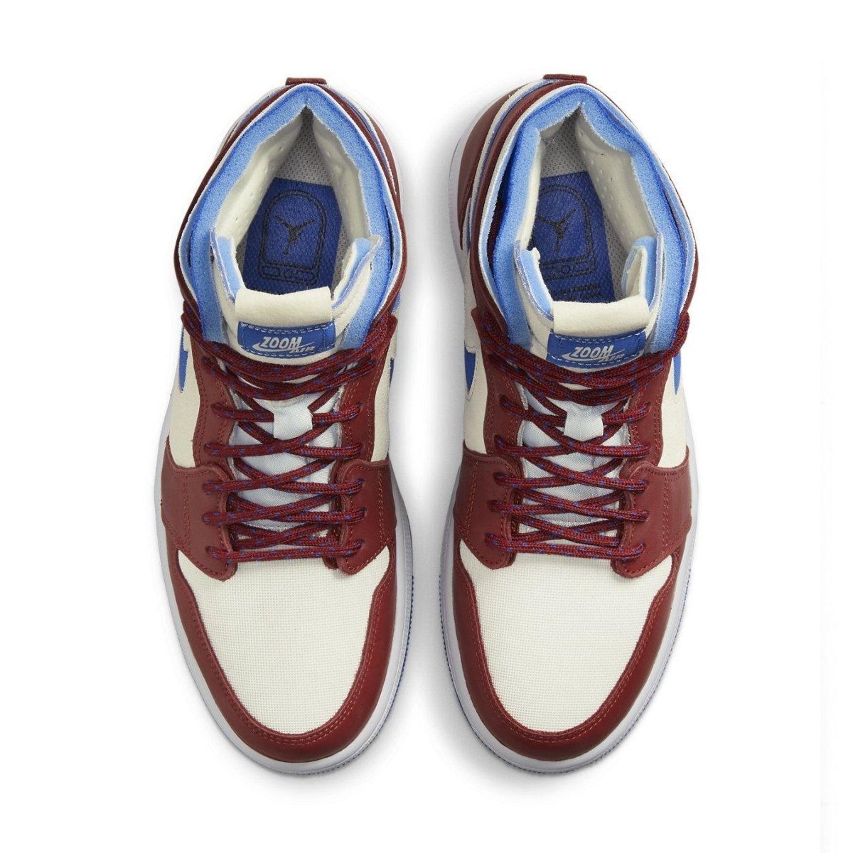 Top view of Air Jordan 1 High Zoom CMFT Team Red sneakers featuring red, cream, and blue colorway.