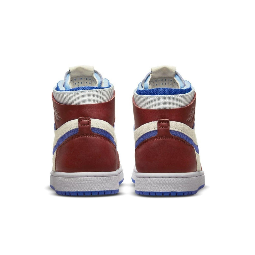 Rear view of Air Jordan 1 High Zoom Air CMFT Team Red sneakers with a vibrant mix of red, white, and blue.