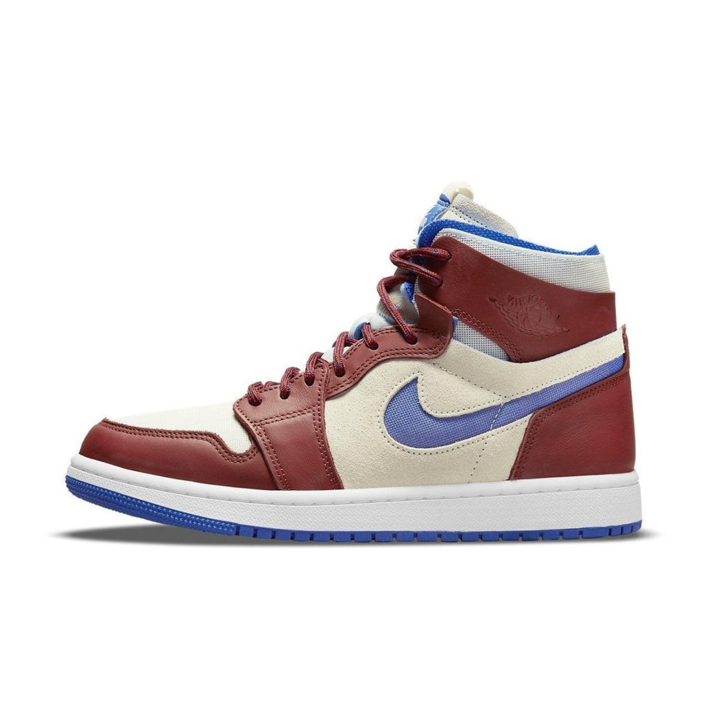 Air Jordan 1 High Zoom CMFT Team Red sneaker featuring red, cream, and blue colorway.