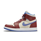 Air Jordan 1 High Zoom CMFT Team Red sneaker featuring red, cream, and blue colorway.