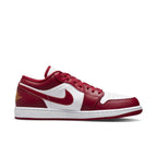 Nike Air Jordan 1 Low Cardinal Red sneaker with white and red leather, featuring classic design and vibrant Orange stitching.