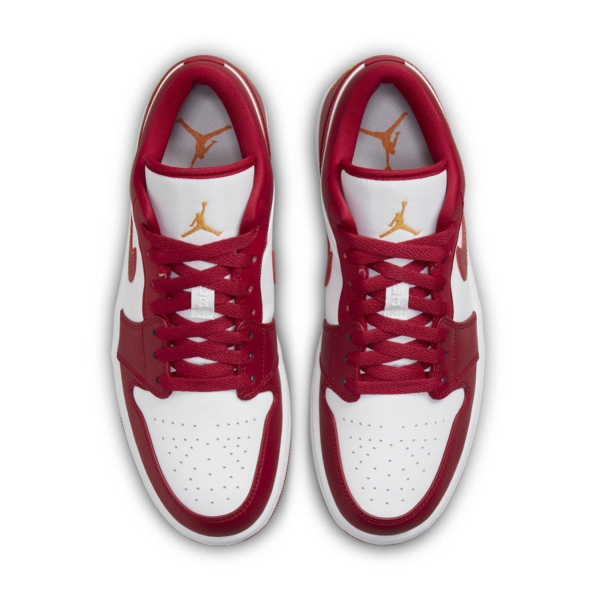Air Jordan 1 Low Cardinal Red sneakers with white and red color blocks, featuring orange stitching and Jumpman logo.