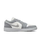 Air Jordan 1 Low SE Light Steel Grey women's sneakers in a mix of grey and white shades.