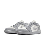 Jordan 1 Low SE Light Steel Grey women's sneakers in grey and white, featuring breathable design and comfortable cushioning.