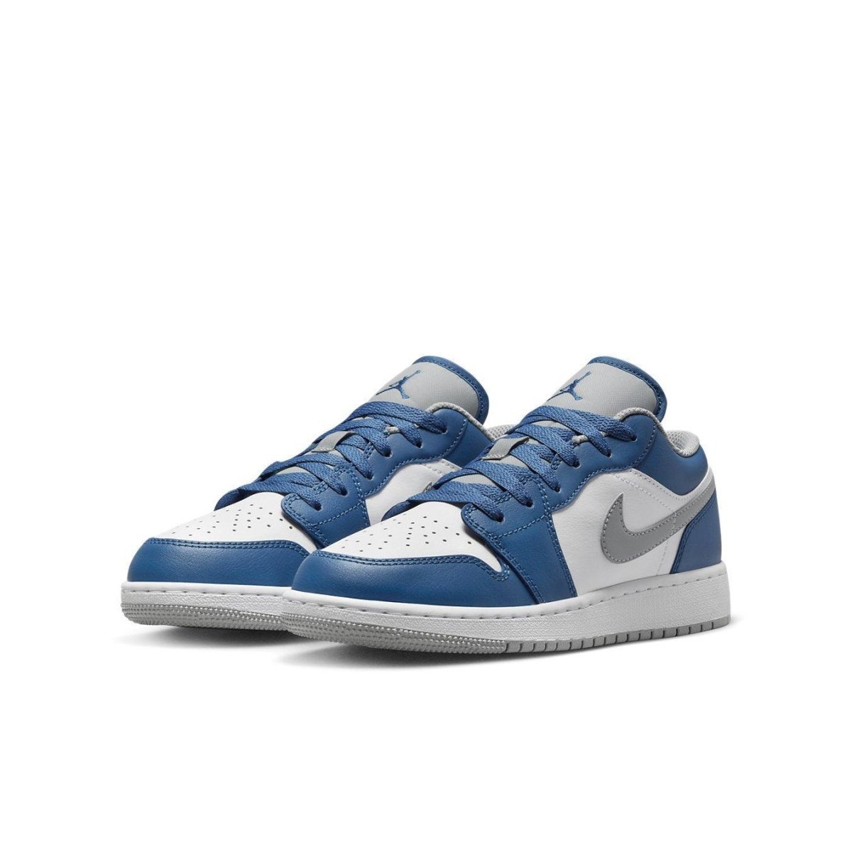 Nike Air Jordan 1 Low True Blue sneakers with blue, white, and gray color scheme.