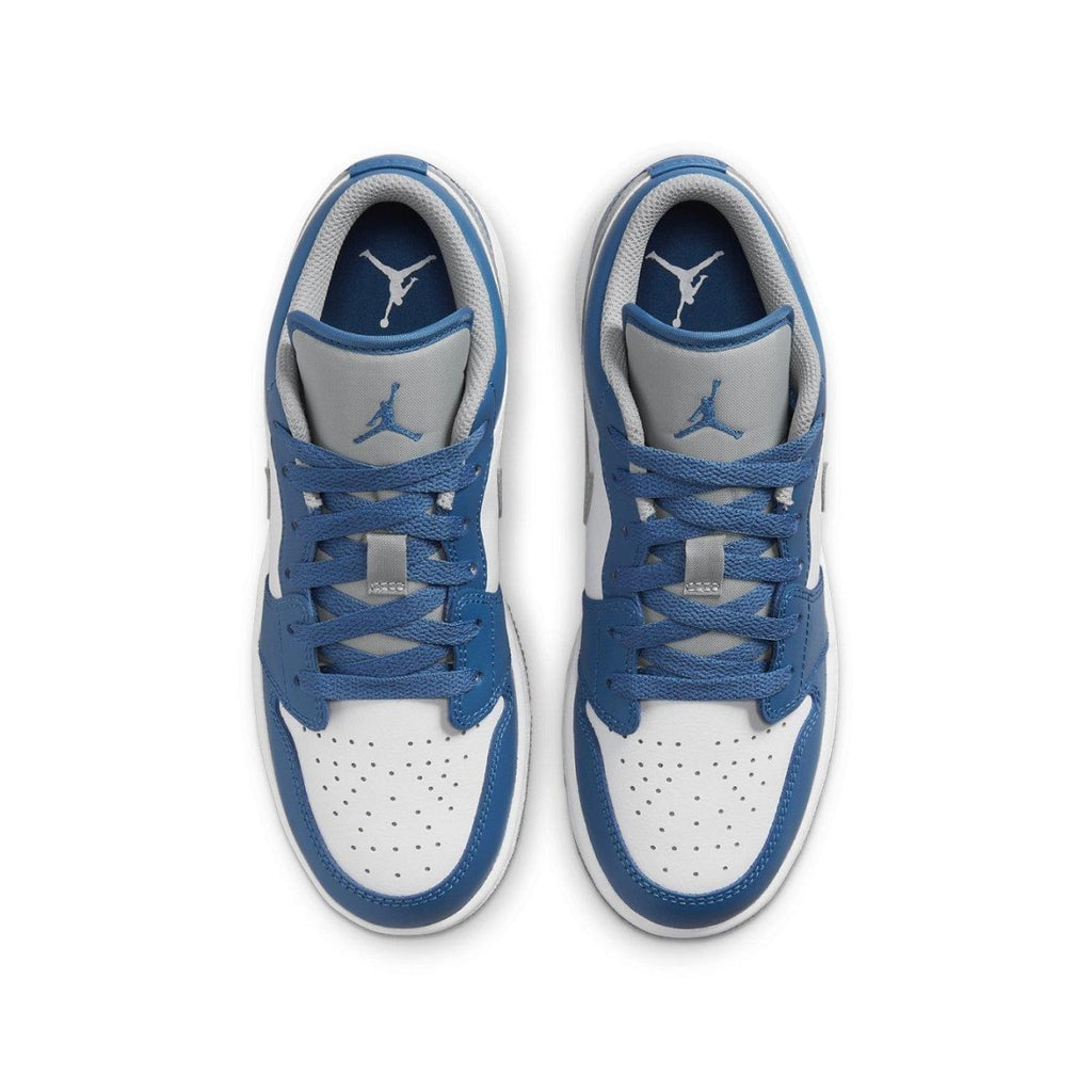 Top view of Jordan 1 Low True Blue (GS) sneakers featuring French Blue, white, and grey panels.