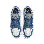Top view of Jordan 1 Low True Blue (GS) sneakers featuring French Blue, white, and grey panels.