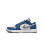 Jordan 1 Low True Blue (GS) in French Blue, white, and gray colorway, featuring classic Nike Swoosh logo.