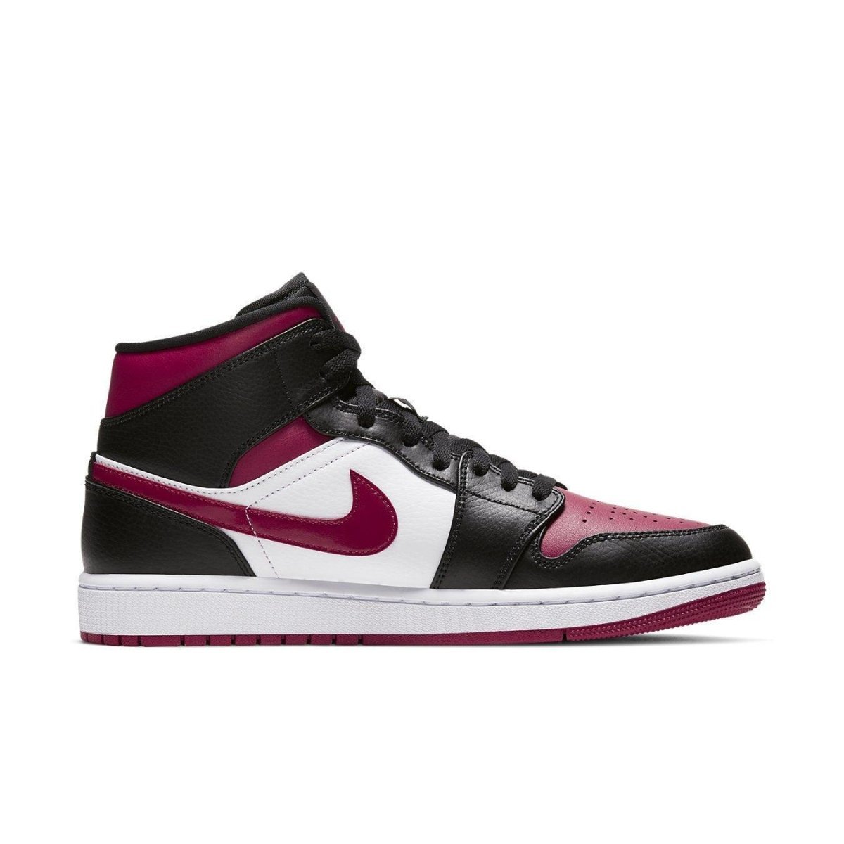 Air Jordan 1 Mid 'Noble Red' sneaker featuring black, white, and Noble Red color scheme with classic design elements.