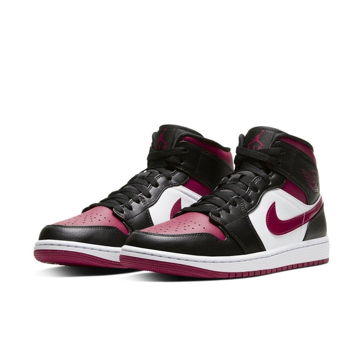 Air Jordan 1 Mid Bred Toe sneakers featuring black leather, Noble Red details, and white accents on the quarter panel.