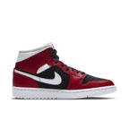 Air Jordan 1 Mid Gym Red Black women's sneakers with white Swoosh on a sleek design.