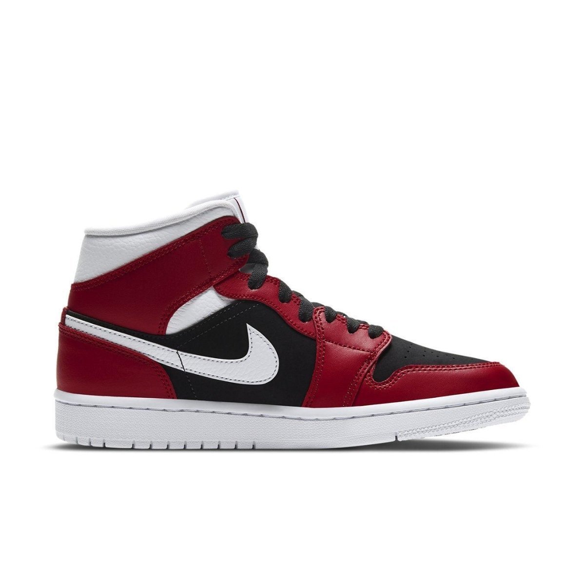 Air Jordan 1 Mid Gym Red Black women's sneakers with white Swoosh on a sleek design.