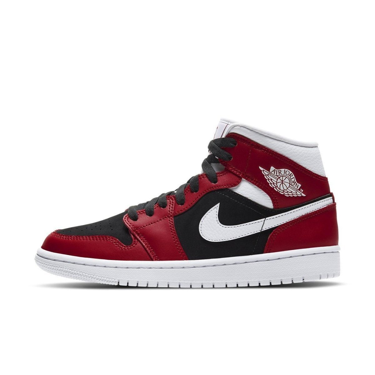 Air Jordan 1 Mid Gym Red Black women's sneakers featuring a smooth red leather upper and black accents.