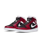 Air Jordan 1 Mid Gym Red Black (W) sneakers with white Swoosh and black accents.
