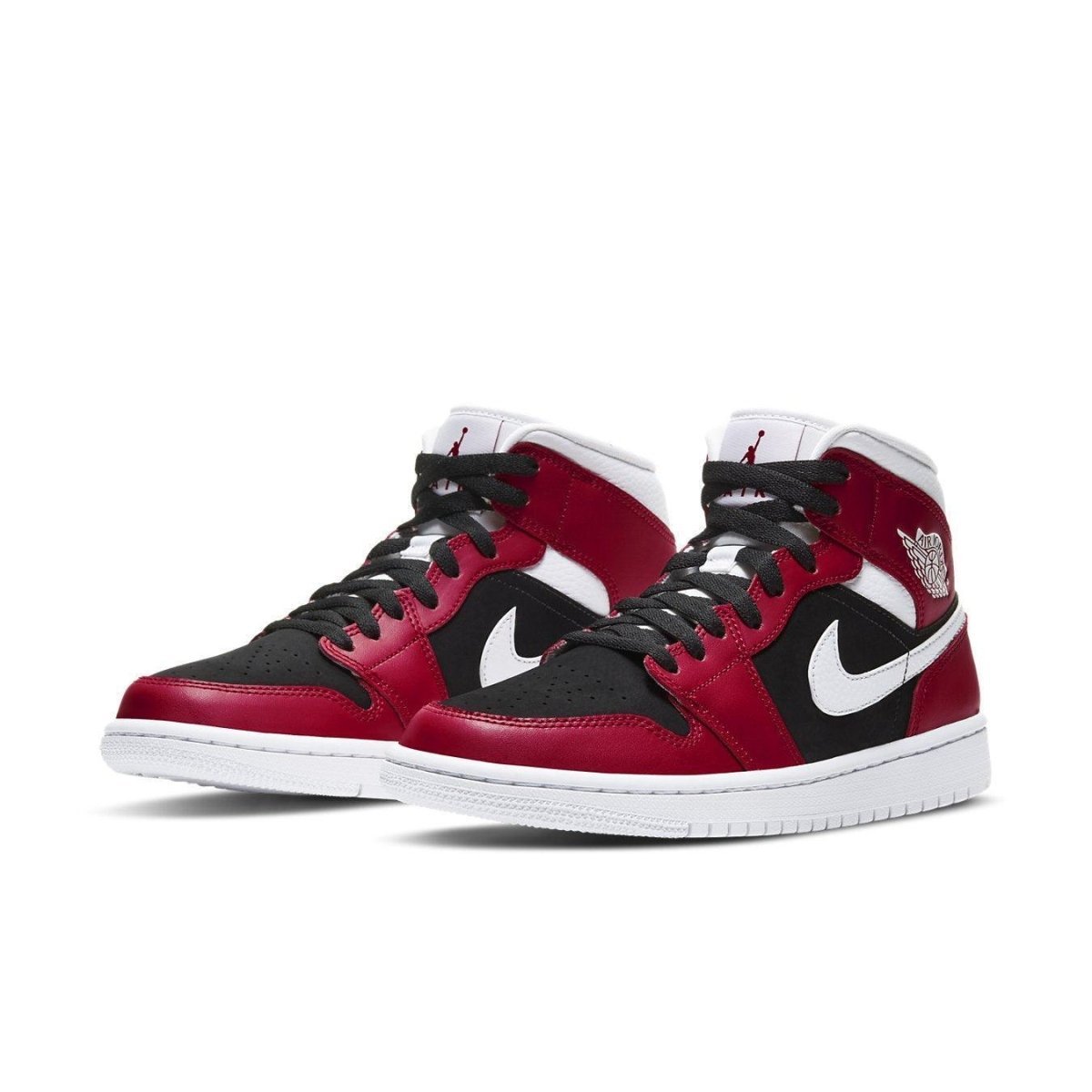 Air Jordan 1 Mid Gym Red Black (W) sneakers with white Swoosh and black accents.