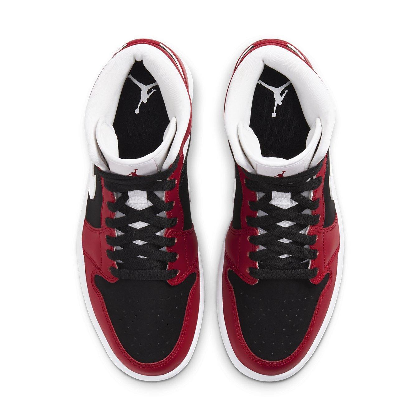 Top view of Air Jordan 1 Mid Gym Red Black (W) featuring smooth leather and iconic colors.