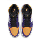 Air Jordan 1 Mid Lakers 2022 sneakers in white, purple, and yellow with premium leather design.