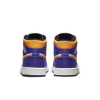 Rear view of Air Jordan 1 Mid 'Lakers' showcasing premium leather in purple and yellow.