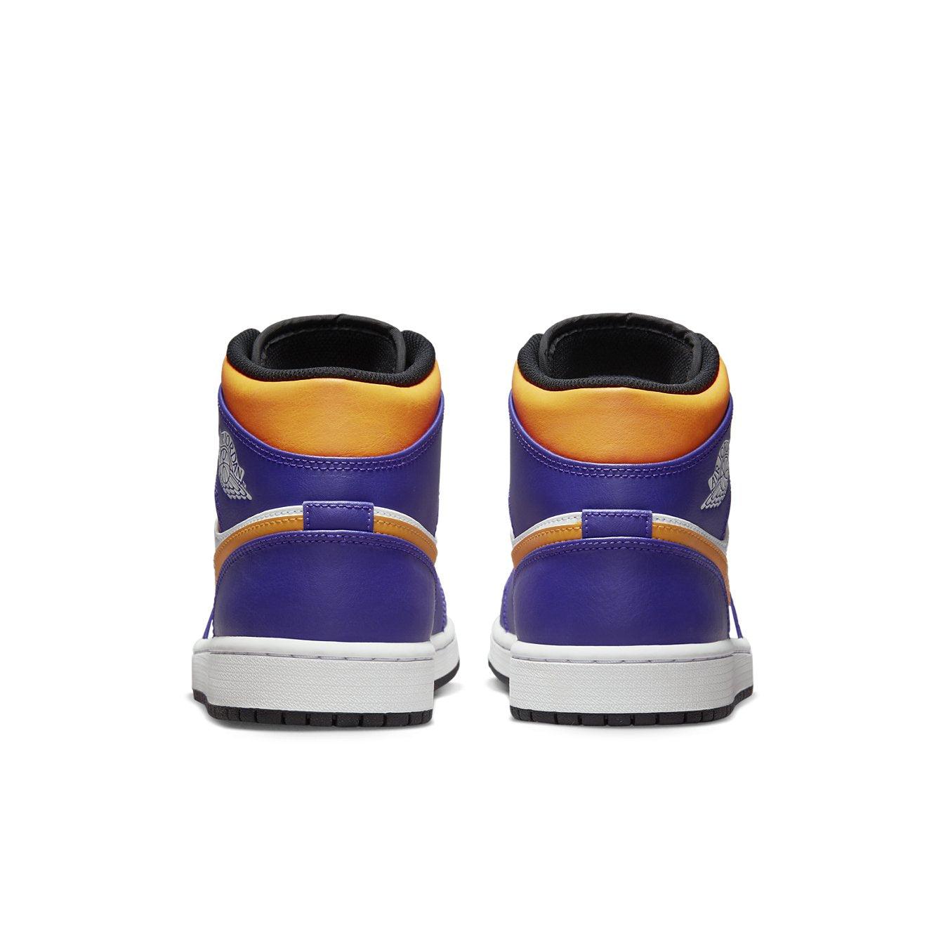 Rear view of Air Jordan 1 Mid 'Lakers' showcasing premium leather in purple and yellow.