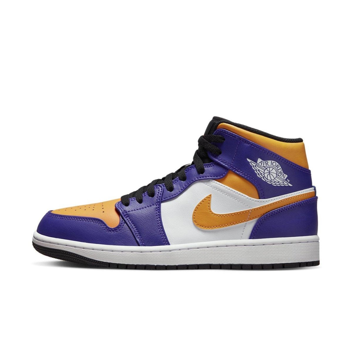 Air Jordan 1 Mid Lakers 2022 featuring purple, yellow, and white premium leather panels for a stylish basketball look.
