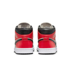 Jordan 1 Mid Light Orewood Brown women's sneaker back view with red and black accents.