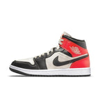 Air Jordan 1 Mid Light Orewood Brown women's sneaker in black, white, and red colorway with stylish design.