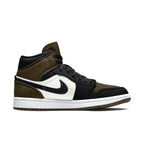 Nike Air Jordan 1 Mid Olive Toe women's sneaker featuring breathable canvas, black Swoosh, and olive accents.