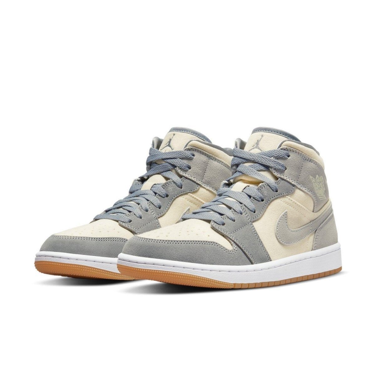 Jordan 1 Mid SE Coconut Milk Particle Grey sneakers featuring cream and gray suede and canvas design.