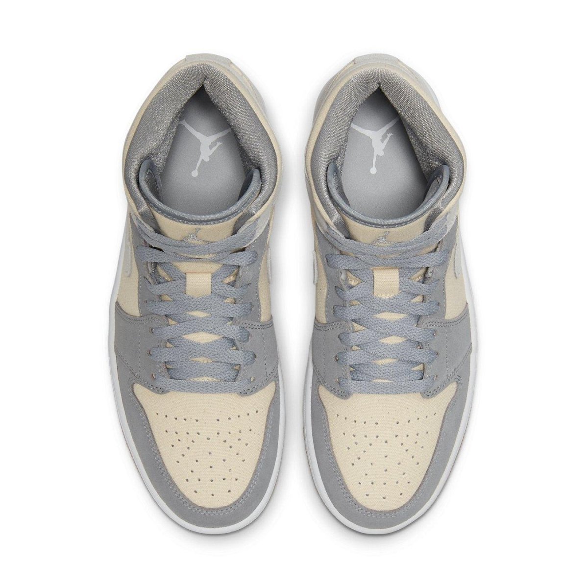 Top view of Jordan 1 Mid SE Coconut Milk Particle Grey sneaker with cream and grey panels.