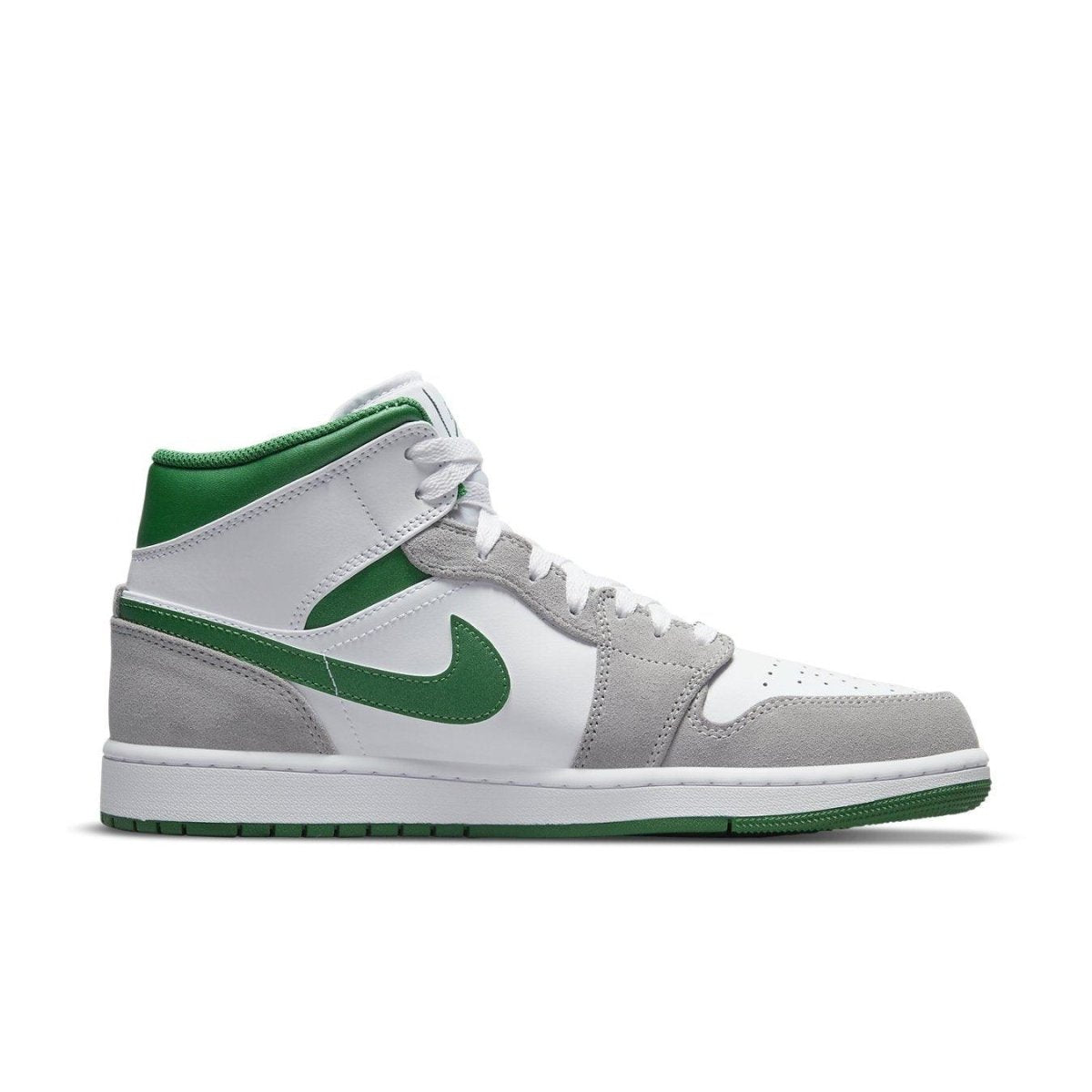 Jordan 1 Mid SE in grey and green with premium suede and leather upper, featuring Nike Swoosh and Air cushioning.