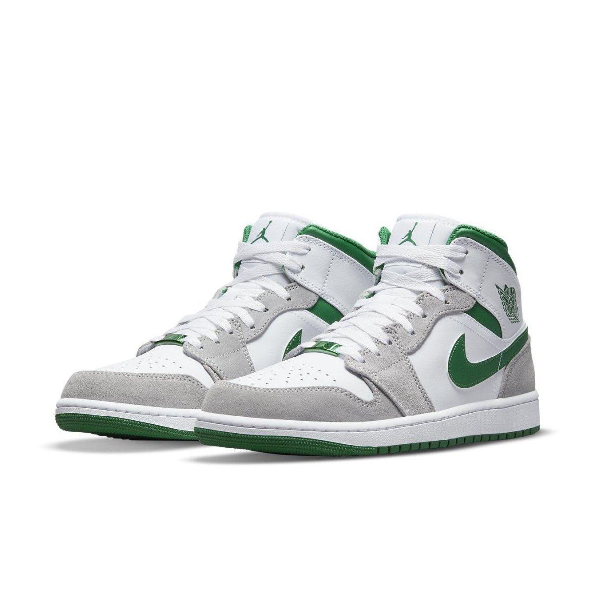 Jordan 1 Mid SE Grey Green sneaker featuring premium suede and leather, with breathable perforations and iconic logos.