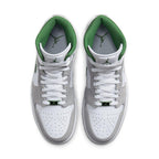 Top view of Jordan 1 Mid SE Grey Green sneaker showcasing suede and leather upper with perforated toe.