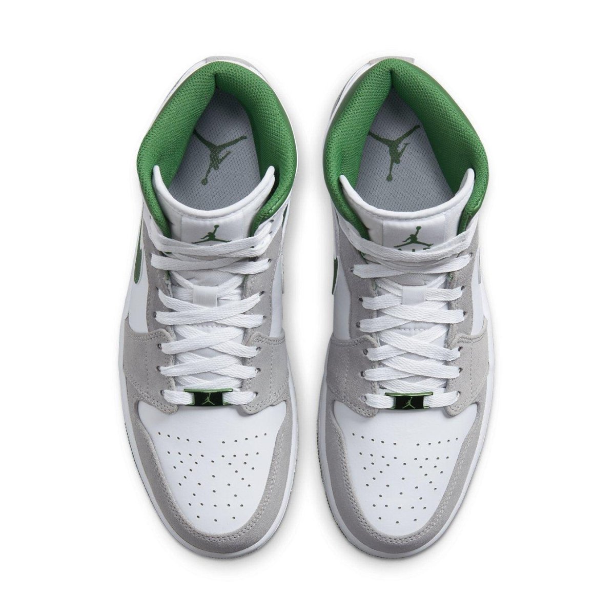 Top view of Jordan 1 Mid SE Grey Green sneaker showcasing suede and leather upper with perforated toe.