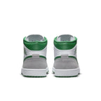 Jordan 1 Mid SE Grey Green sneakers with grey suede and green accents, showcasing the back view.