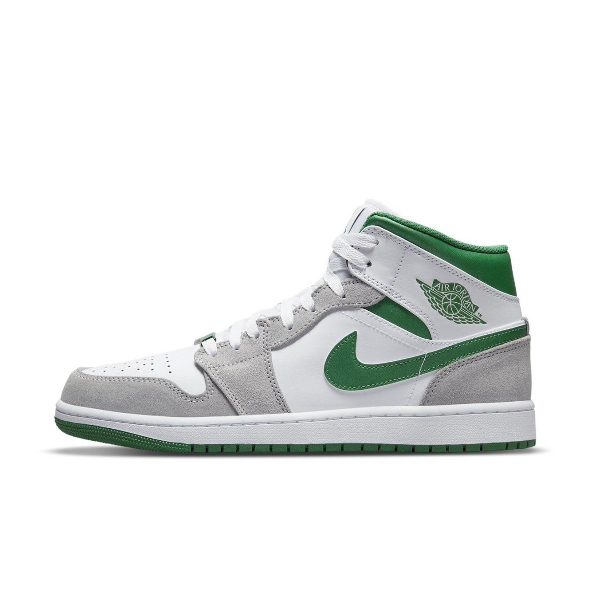 Jordan 1 Mid SE in grey and green, featuring premium suede upper and breathable perforations for comfort.