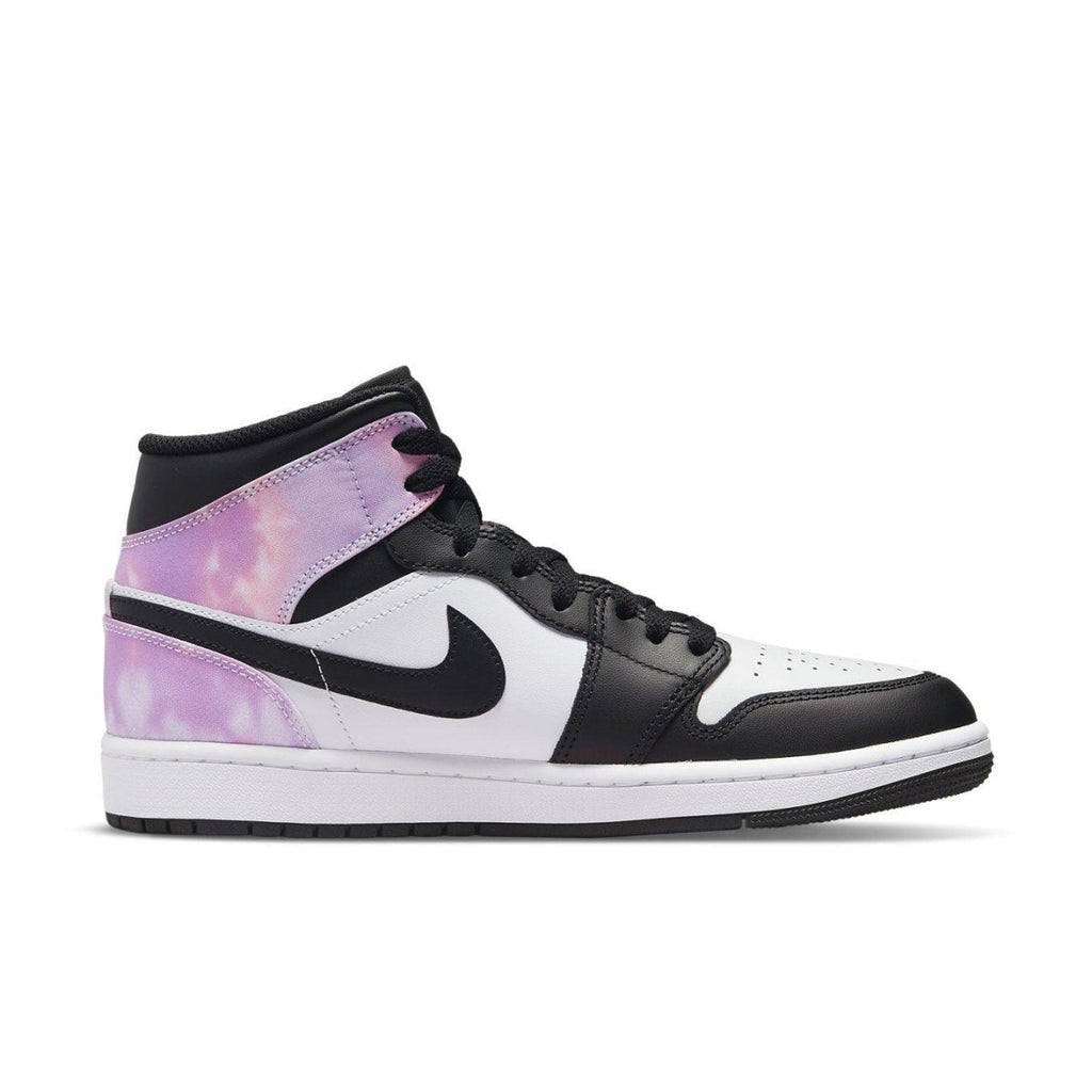 Air Jordan 1 Mid SE Zen Master sneakers in black, white, and iridescent purple design, featuring premium leather upper.