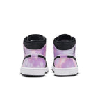 Rear view of the Air Jordan 1 Mid SE Zen Master sneakers featuring iridescent tones and a padded white sole.