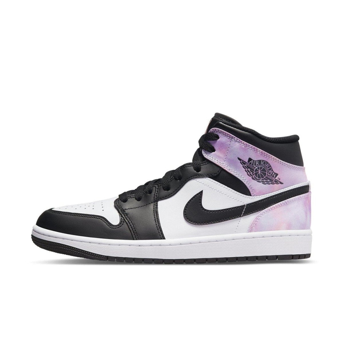 Air Jordan 1 Mid SE Zen Master sneaker in black, white, and iridescent Zen colors with a premium leather upper.