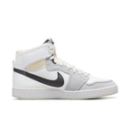 Jordan 1 Retro AJKO sneakers in white, black, and grey fog with breathable canvas and iconic Nike swoosh.