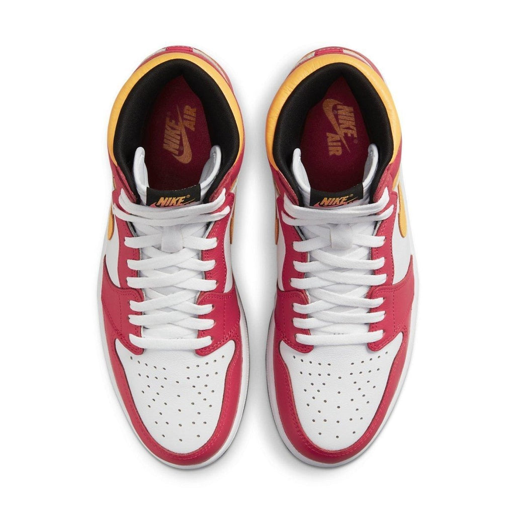 Top view of Air Jordan 1 Retro High OG Light Fusion Red with white leather and dark pink overlays.