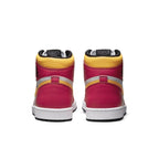 Back view of Jordan 1 Retro High OG Light Fusion Red sneakers with pink and yellow accents.