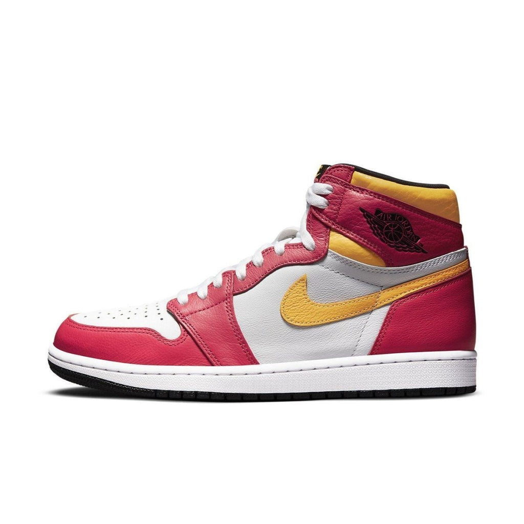 Air Jordan 1 Retro High OG Light Fusion Red featuring pink and white leather with Laser Orange accents.