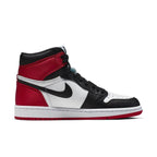 Air Jordan 1 Retro High Satin Black Toe women's sneaker in black, white, and red with satin heel accents.