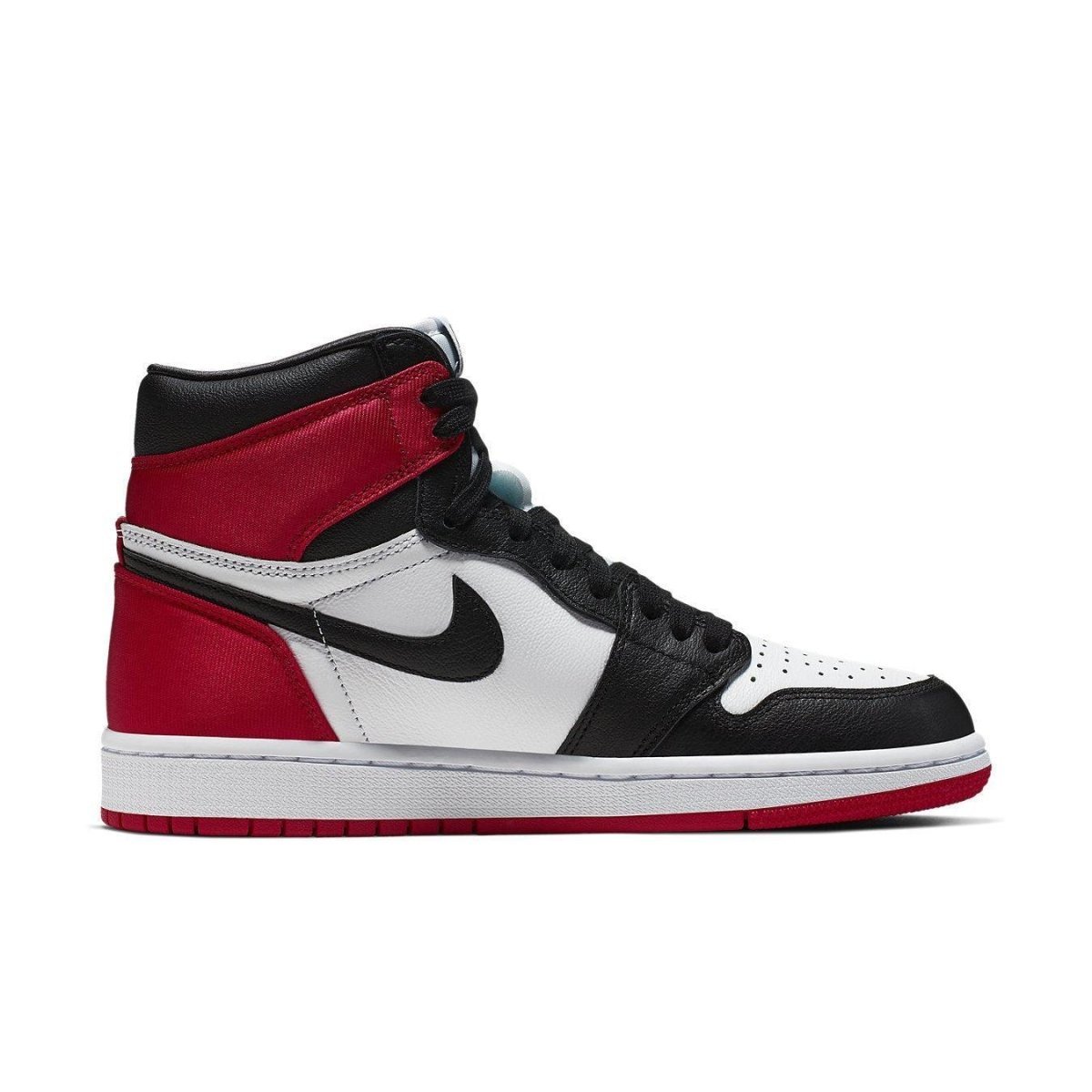 Air Jordan 1 Retro High Satin Black Toe women's sneaker in black, white, and red with satin heel accents.