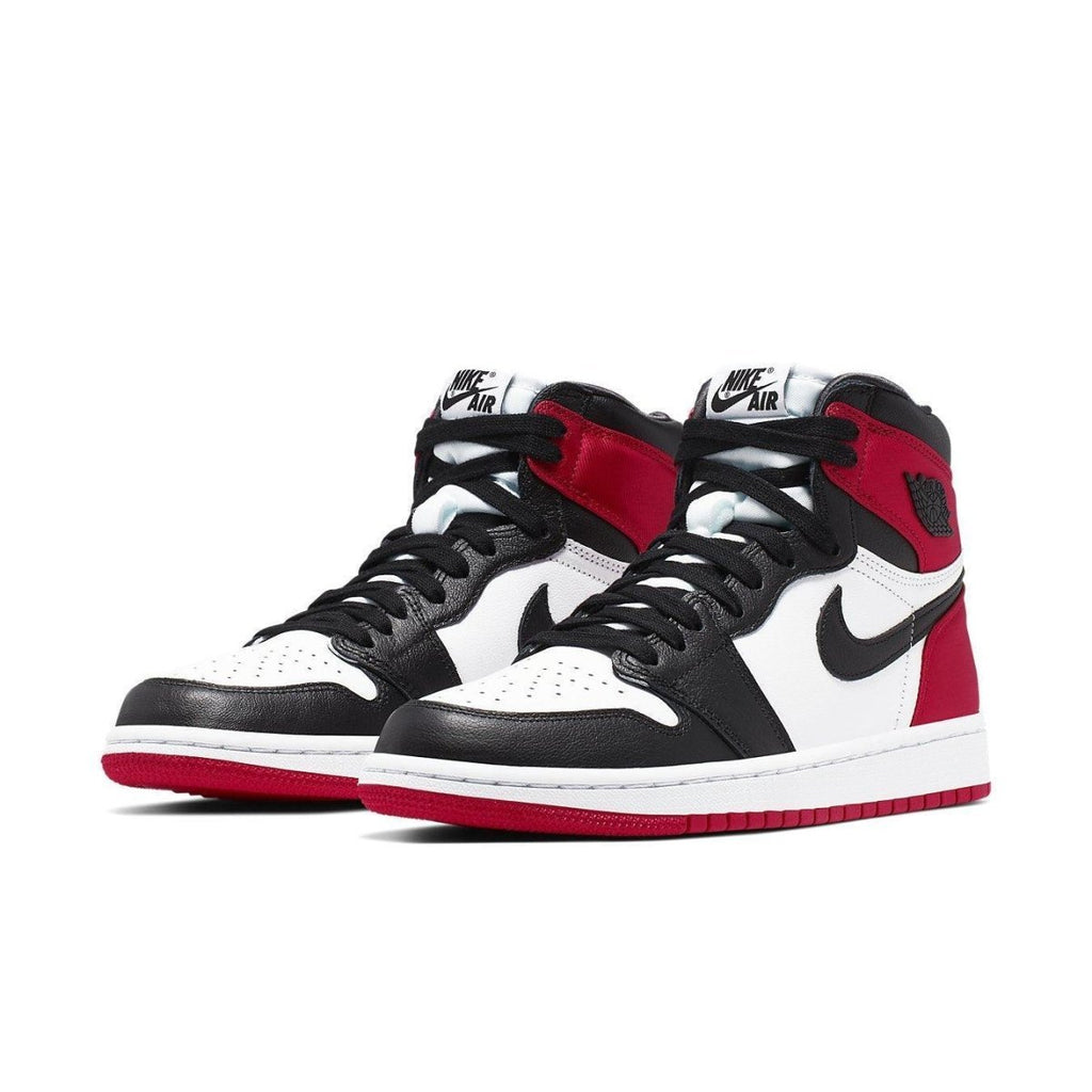 Jordan 1 Retro High Satin Black Toe women's sneakers with black, white, and red colorway.