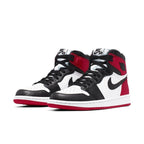 Jordan 1 Retro High Satin Black Toe women's sneakers with black, white, and red colorway.