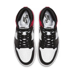 Top view of Air Jordan 1 Retro High Satin Black Toe women's sneakers with black, white, and red color scheme.