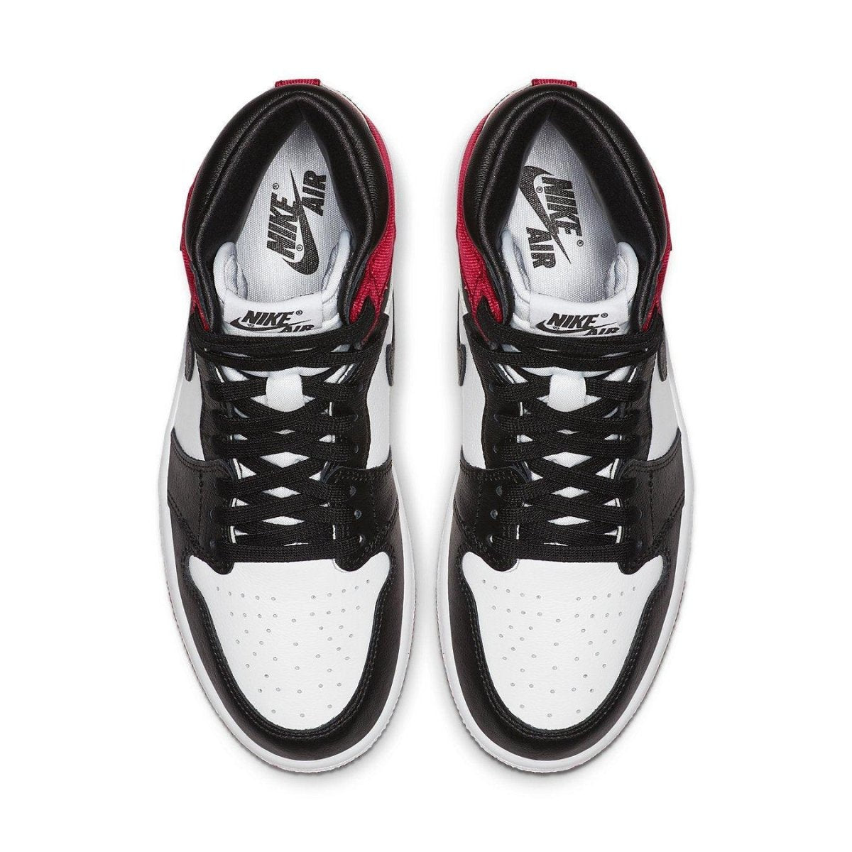 Top view of Air Jordan 1 Retro High Satin Black Toe women's sneakers with black, white, and red color scheme.