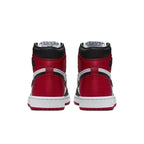 Back view of Air Jordan 1 Retro High Satin Black Toe women's sneakers featuring red satin panels.
